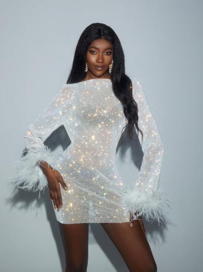 Xanthe Rhinestone Mesh Mini Dress In White-Mix MIx Style