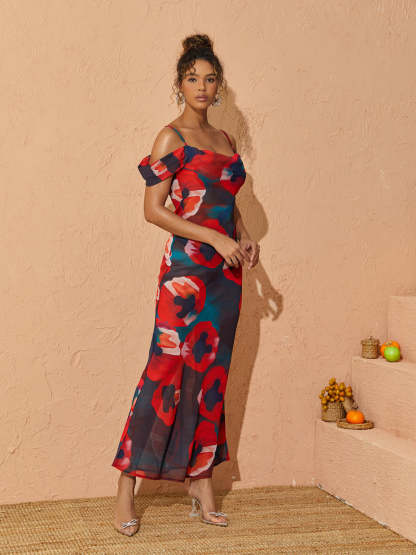 Black & Red Spaghetti Printed Maxi Dress | Mix Mix Style [Hot Seller]-Mix MIx Style