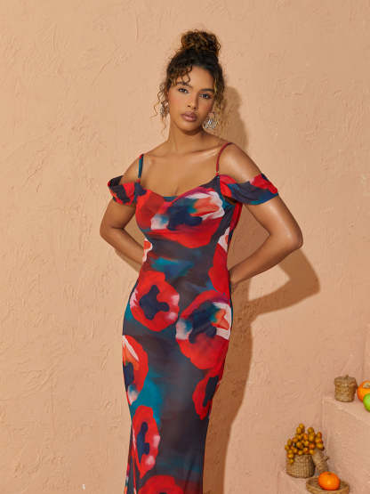 Black & Red Spaghetti Printed Maxi Dress | Mix Mix Style [Hot Seller]-Mix MIx Style