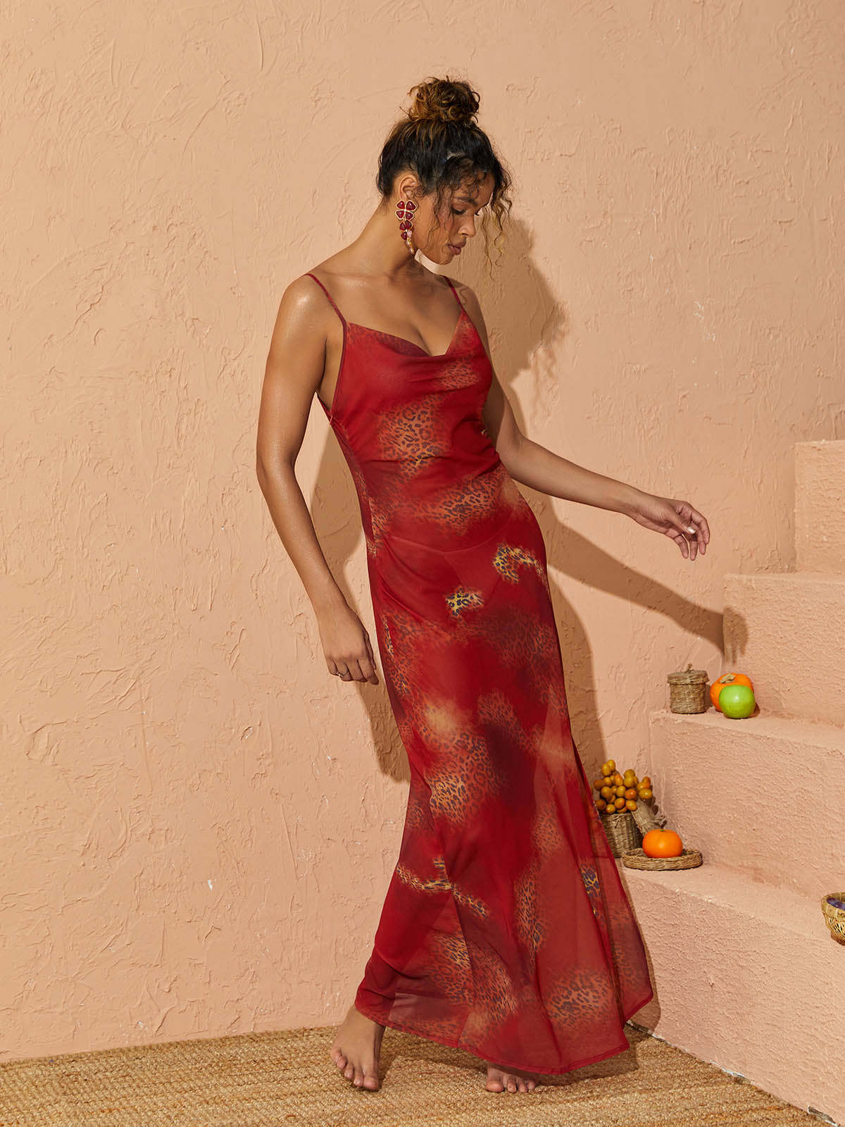 Spaghetti Leopard Printed Maxi Dress In Red | Mix Mix Style [Hot Seller]-Mix MIx Style