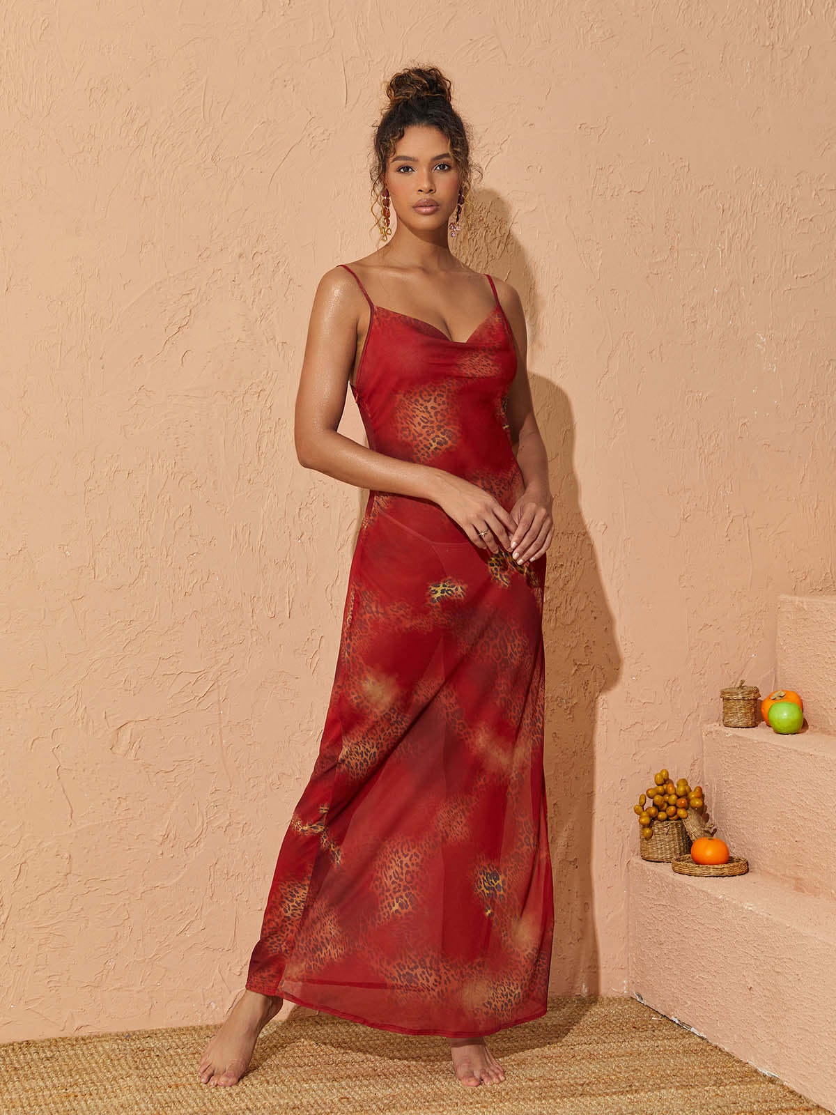 Spaghetti Leopard Printed Maxi Dress In Red | Mix Mix Style [Hot Seller]-Mix MIx Style