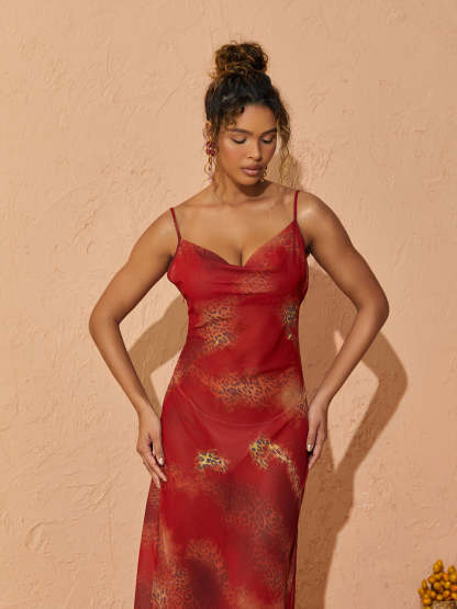 Spaghetti Leopard Printed Maxi Dress In Red | Mix Mix Style [Hot Seller]-Mix MIx Style