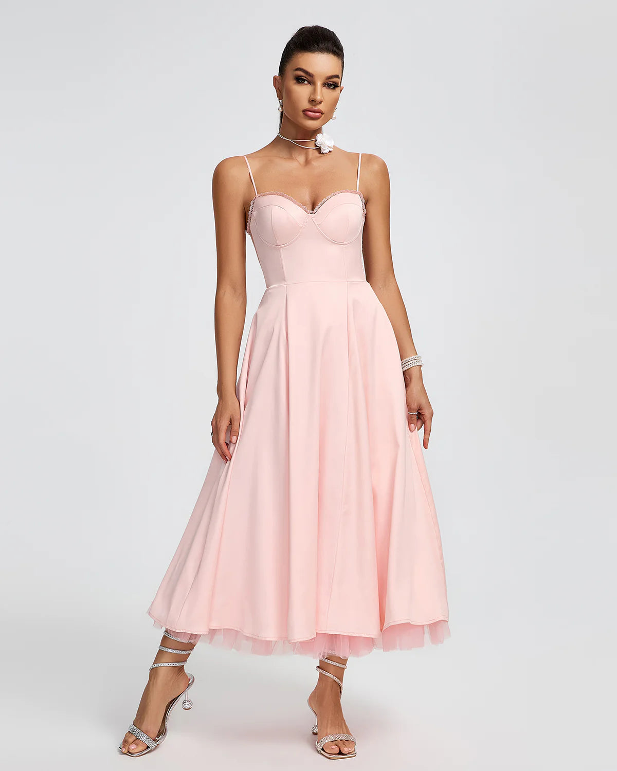 Light Pink Strappy Backless a-line puffy chiffon summer date Midi Dress | Mix Mix Style