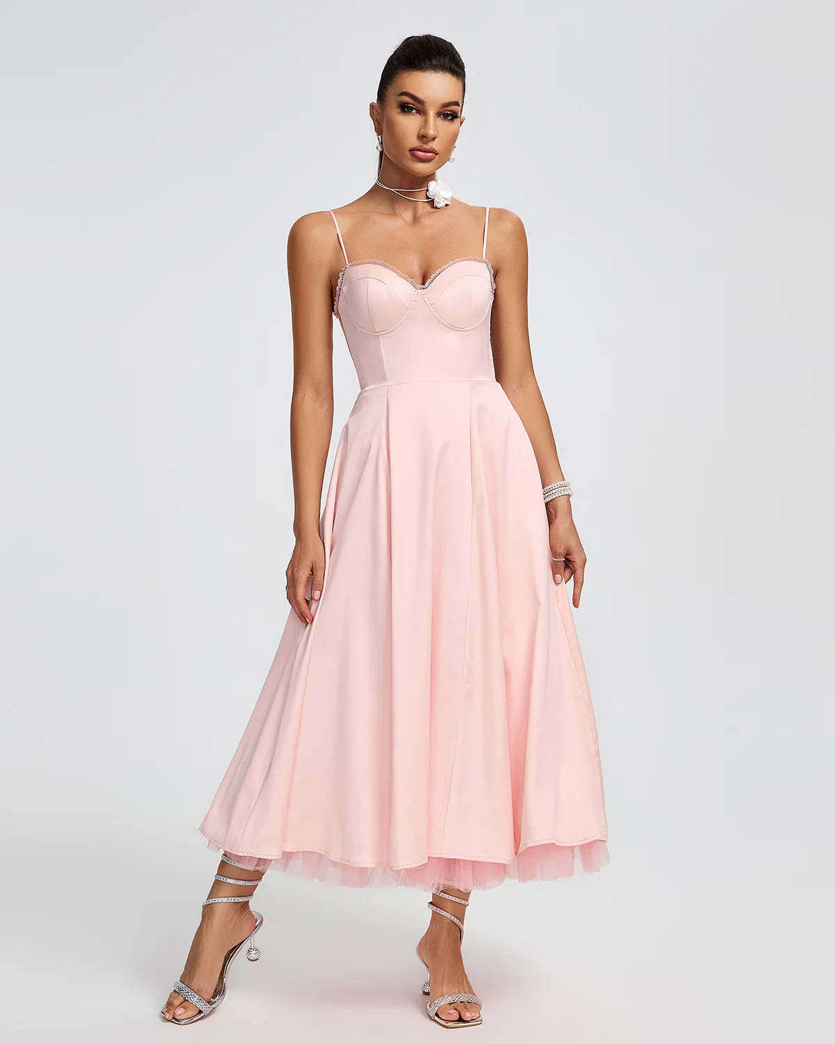 Light Pink Strappy Backless a-line puffy chiffon summer date Midi Dress | Mix Mix Style