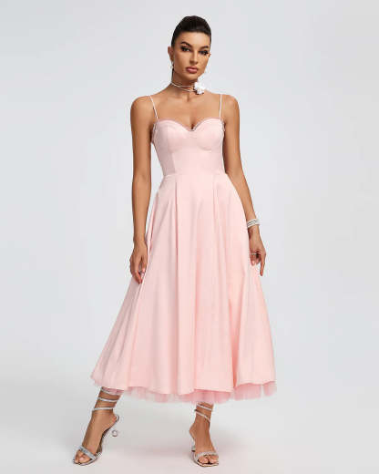 Light Pink Strappy Backless a-line puffy chiffon summer date Midi Dress | Mix Mix Style