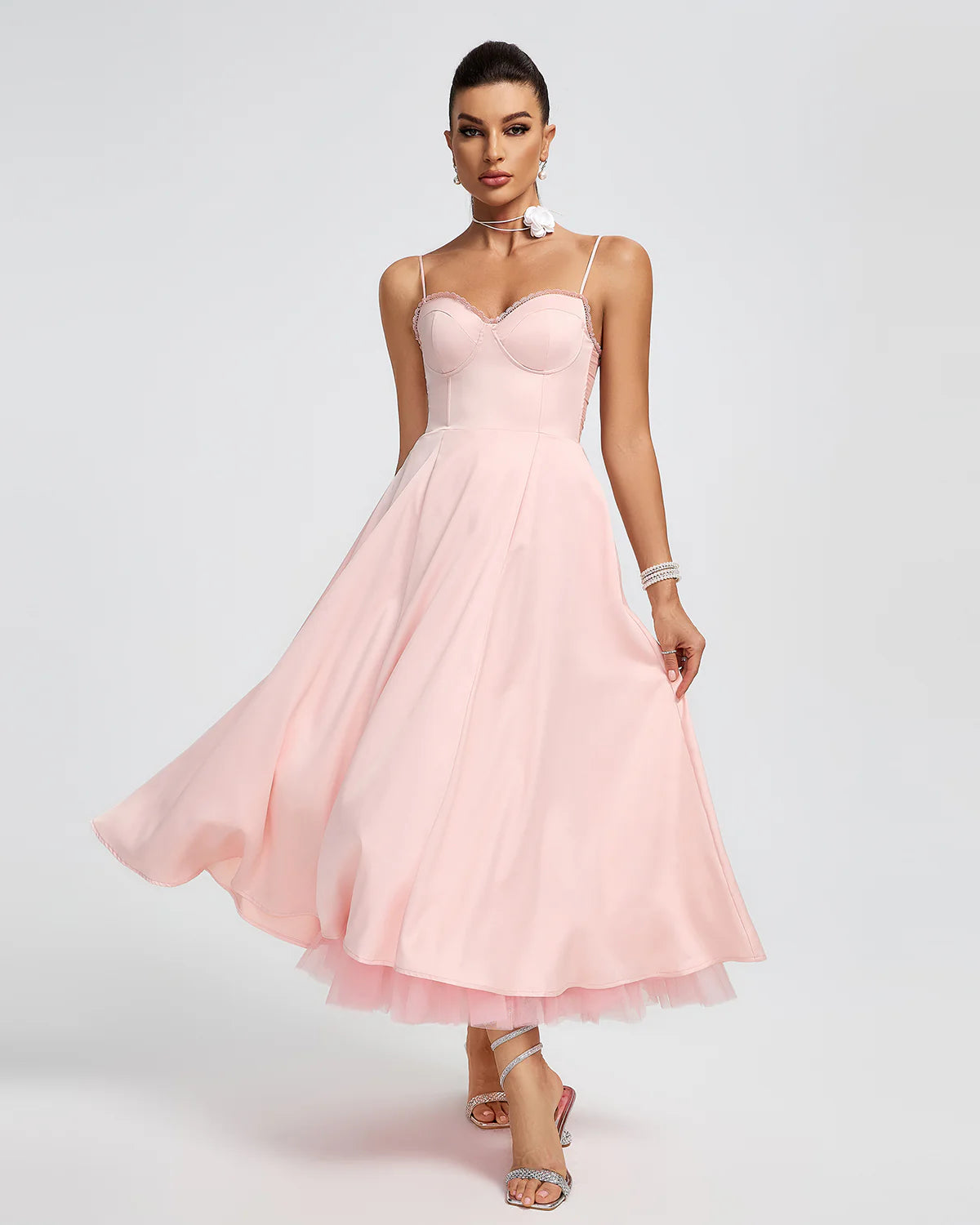 Light Pink Strappy Backless a-line puffy chiffon summer date Midi Dress | Mix Mix Style