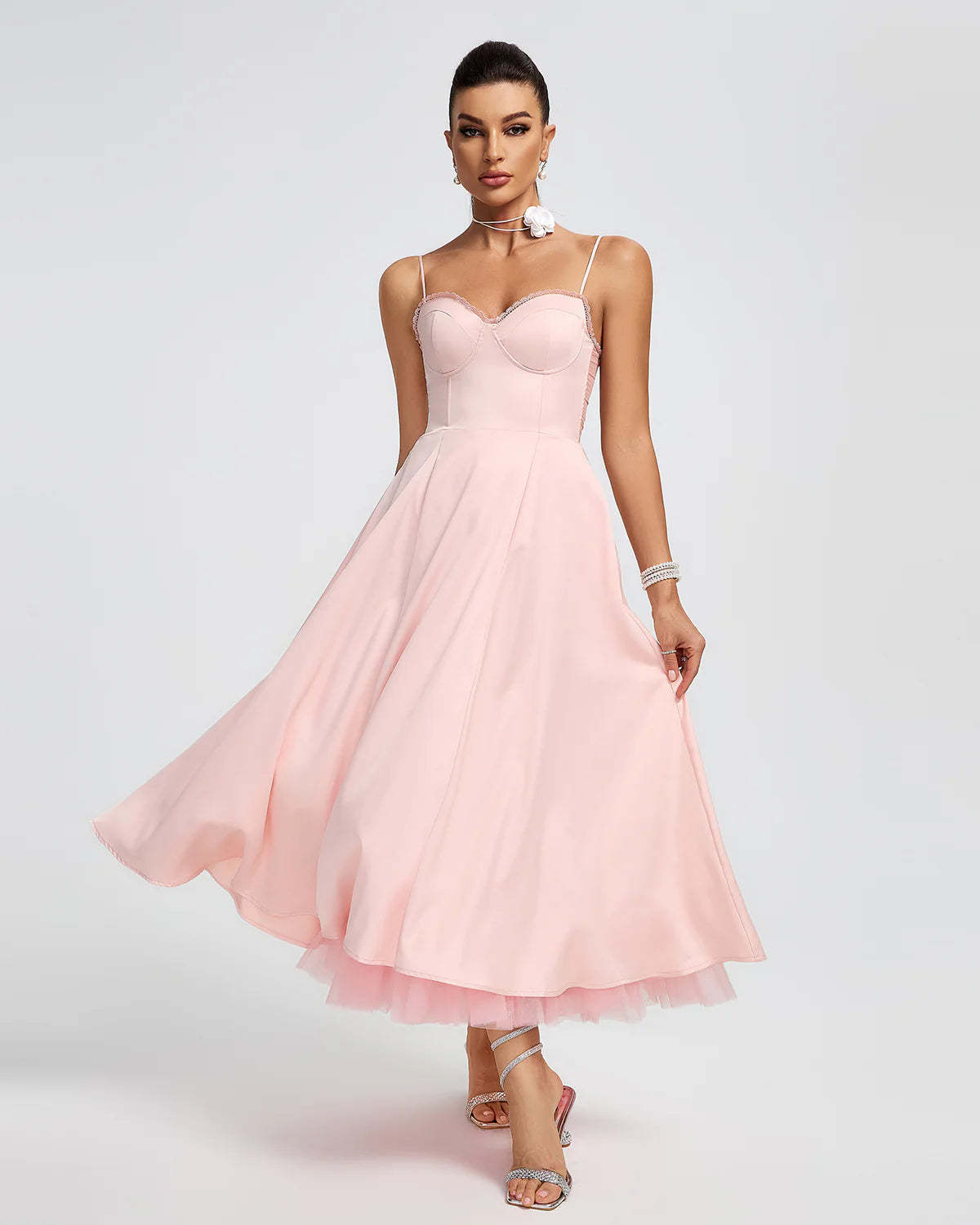 Light Pink Strappy Backless a-line puffy chiffon summer date Midi Dress | Mix Mix Style-Mix MIx Style
