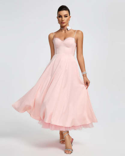 Light Pink Strappy Backless a-line puffy chiffon summer date Midi Dress | Mix Mix Style