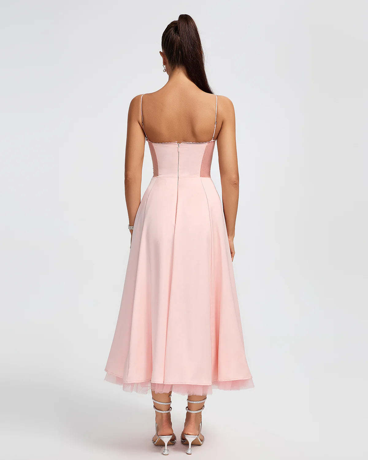 Light Pink Strappy Backless a-line puffy chiffon summer date Midi Dress | Mix Mix Style