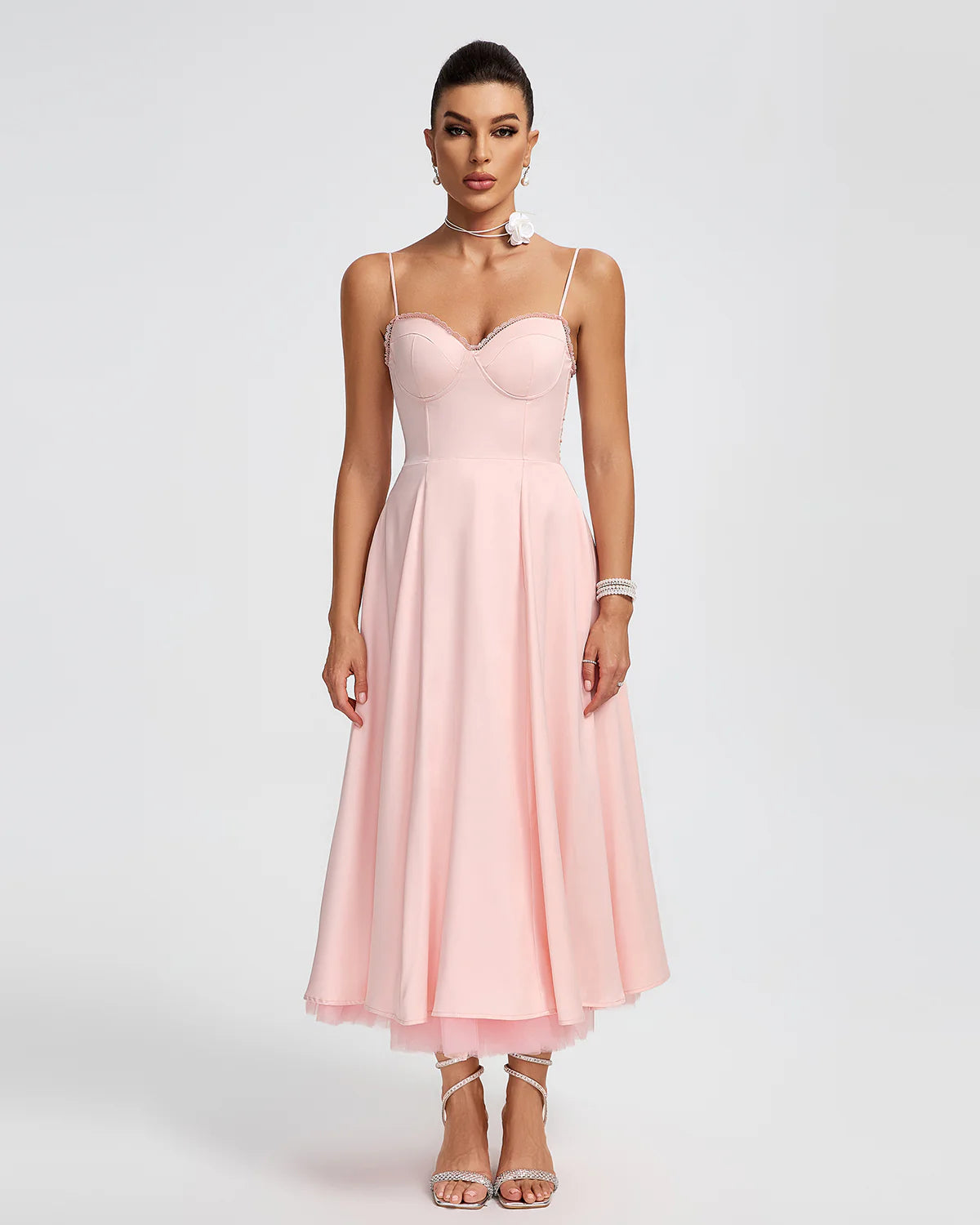 Light Pink Strappy Backless a-line puffy chiffon summer date Midi Dress | Mix Mix Style