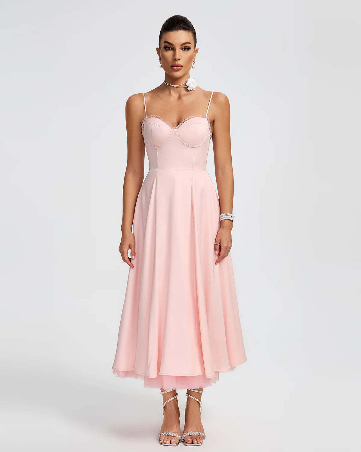 Light Pink Strappy Backless a-line puffy chiffon summer date Midi Dress | Mix Mix Style