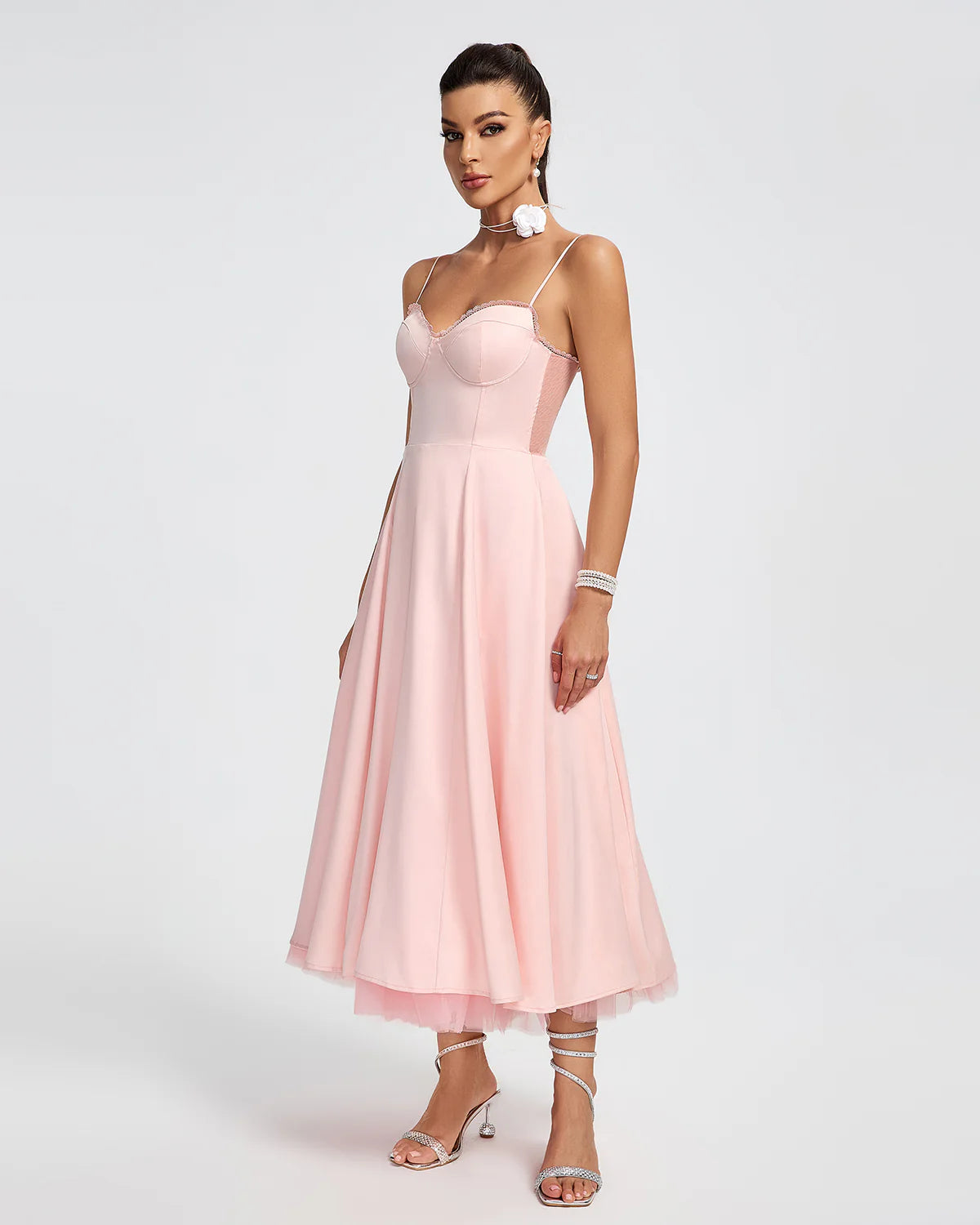 Light Pink Strappy Backless a-line puffy chiffon summer date Midi Dress | Mix Mix Style