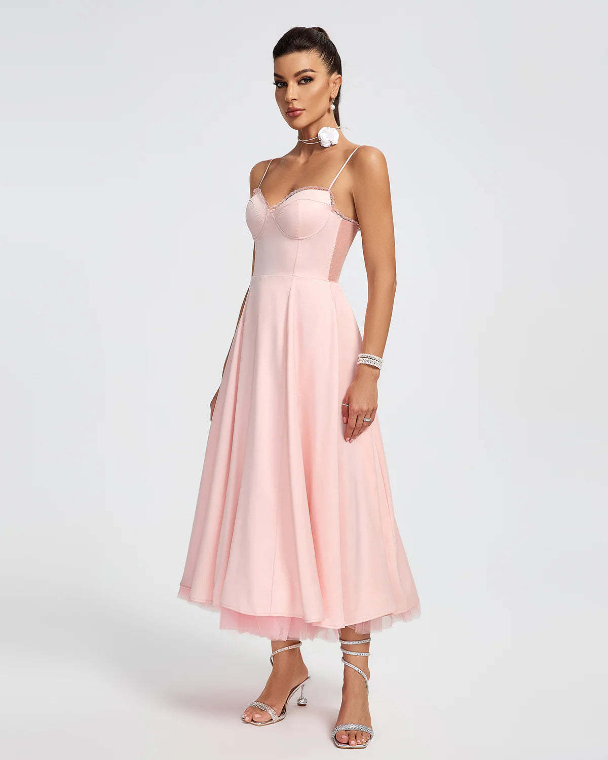 Light Pink Strappy Backless a-line puffy chiffon summer date Midi Dress | Mix Mix Style