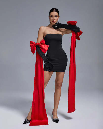 black strapless Backless tube date valentine Mini Dress With red Bow Gloves | Mix Mix Style