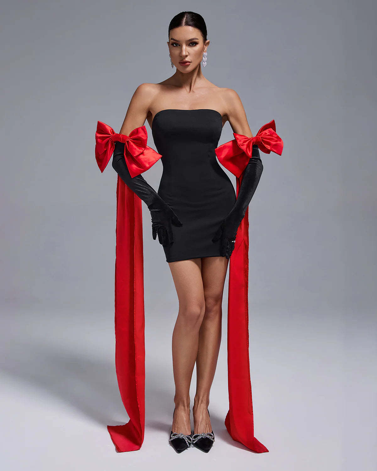 black strapless Backless tube date valentine Mini Dress With red Bow Gloves | Mix Mix Style-Mix MIx Style
