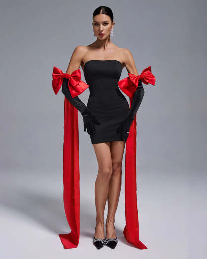 black strapless Backless tube date valentine Mini Dress With red Bow Gloves | Mix Mix Style
