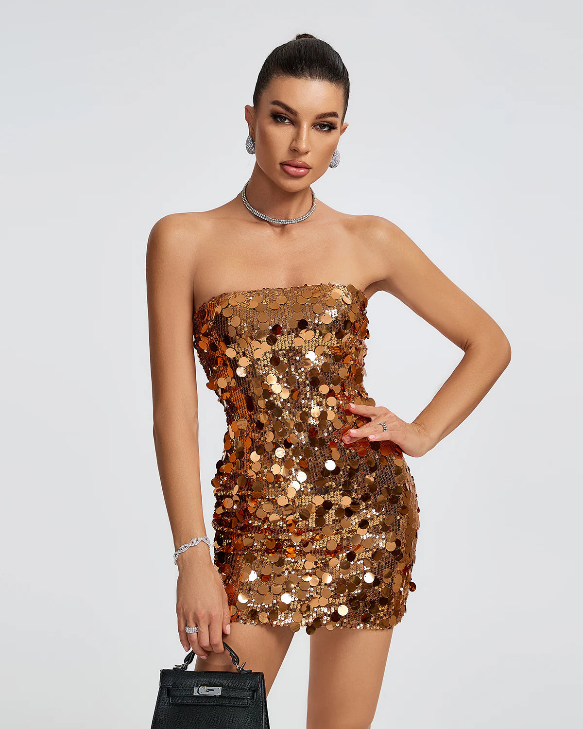 Gold Strapless Backless Tube Full Sequins Embellished Party Mini Dress | Mix Mix Style