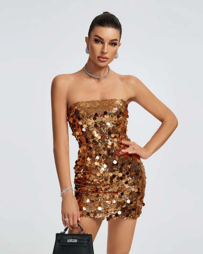 Gold Strapless Backless Tube Full Sequins Embellished Party Mini Dress | Mix Mix Style