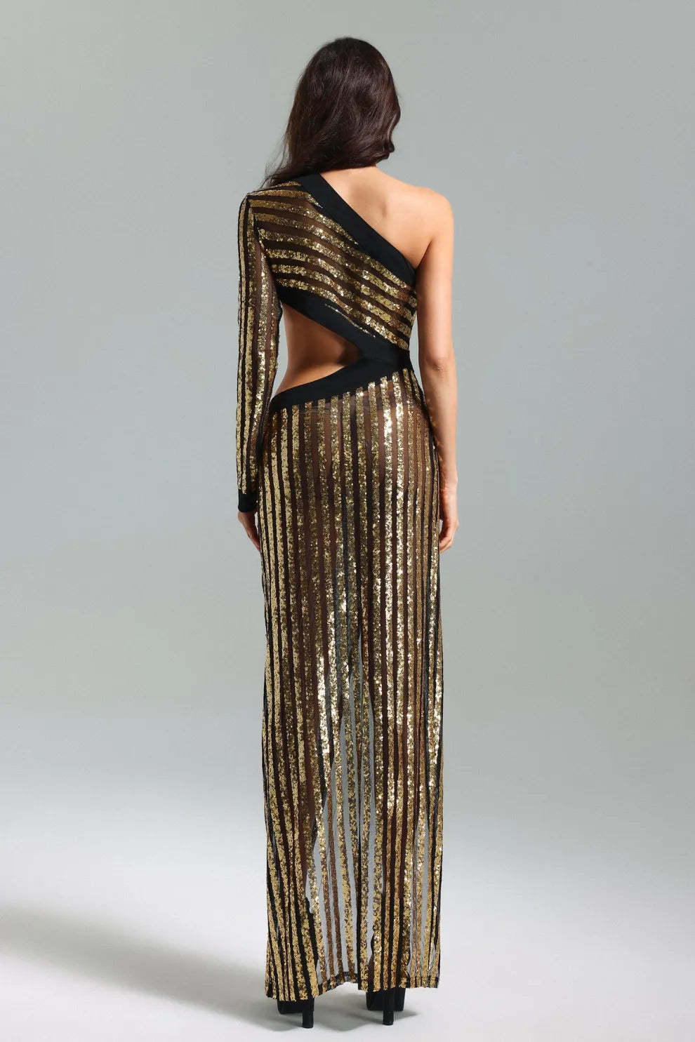 gold & black One shoulder long sleeve irregular cutout slit Metalic party maxi Dress | Mix Mix Style