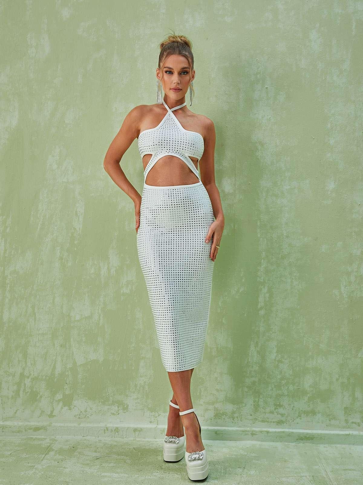White Cutout Hlaterneck Rhinestone Midi Dress | Mix Mix Style [Hot Seller]-Mix MIx Style