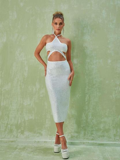 White Cutout Hlaterneck Rhinestone Midi Dress | Mix Mix Style [Hot Seller]-Mix MIx Style