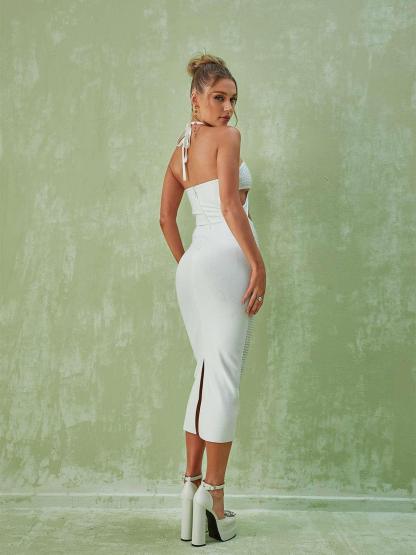 White Cutout Hlaterneck Rhinestone Midi Dress | Mix Mix Style [Hot Seller]-Mix MIx Style