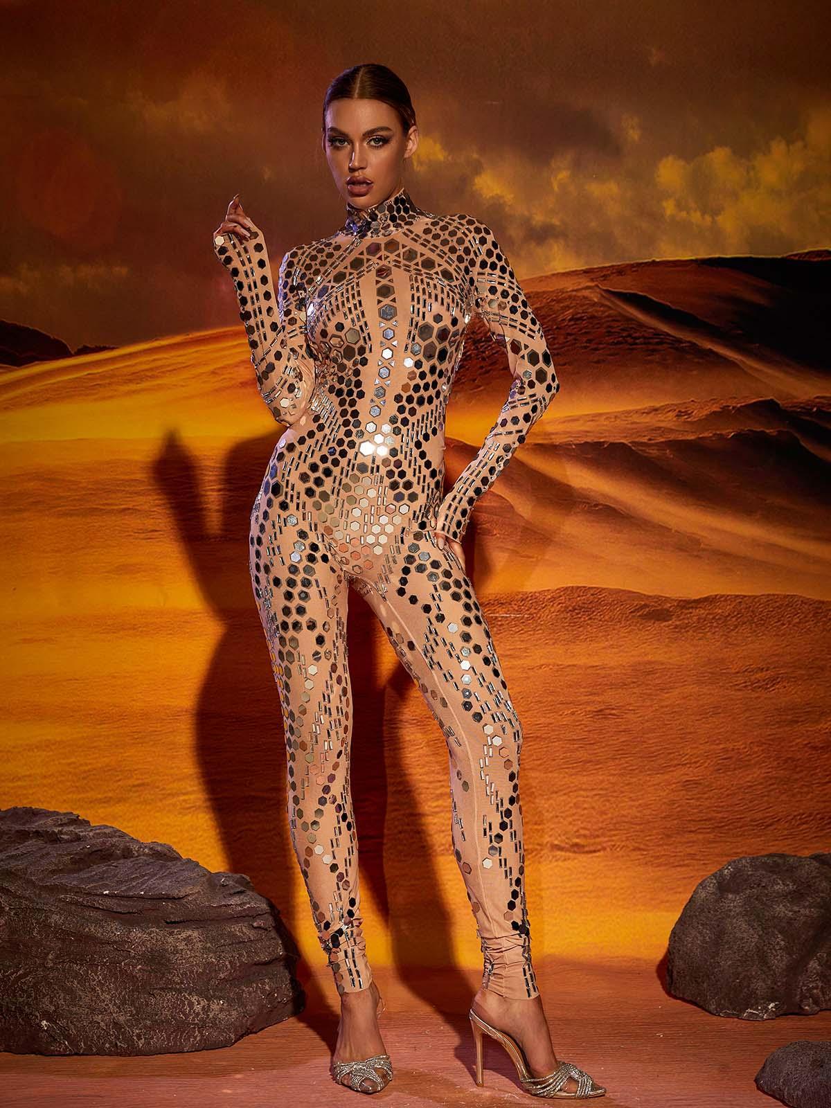 Silver Embellished Long Sleeve Jumpsuit | Mix Mix Style [Hot Seller]-Mix MIx Style