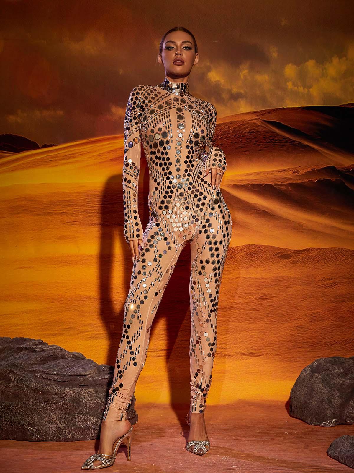 Silver Embellished Long Sleeve Jumpsuit | Mix Mix Style [Hot Seller]-Mix MIx Style