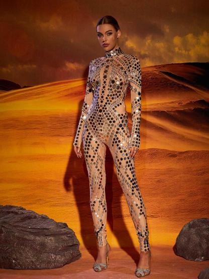 Silver Embellished Long Sleeve Jumpsuit | Mix Mix Style [Hot Seller]-Mix MIx Style