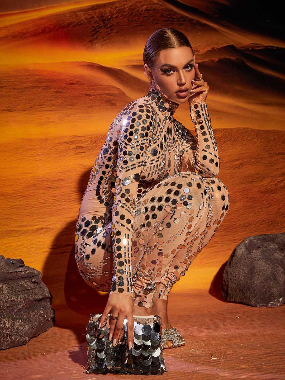 Silver Embellished Long Sleeve Jumpsuit | Mix Mix Style [Hot Seller]-Mix MIx Style