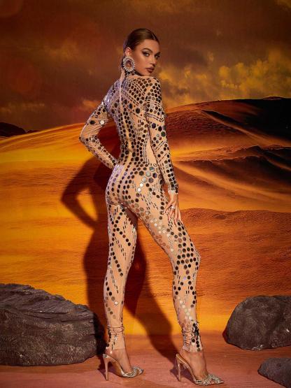 Silver Embellished Long Sleeve Jumpsuit | Mix Mix Style [Hot Seller]-Mix MIx Style