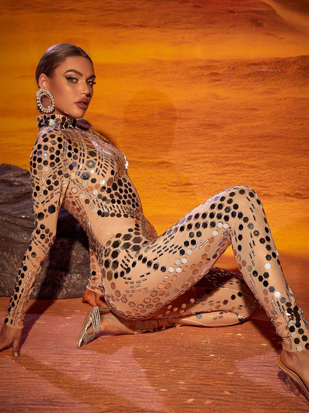 Silver Embellished Long Sleeve Jumpsuit | Mix Mix Style [Hot Seller]-Mix MIx Style