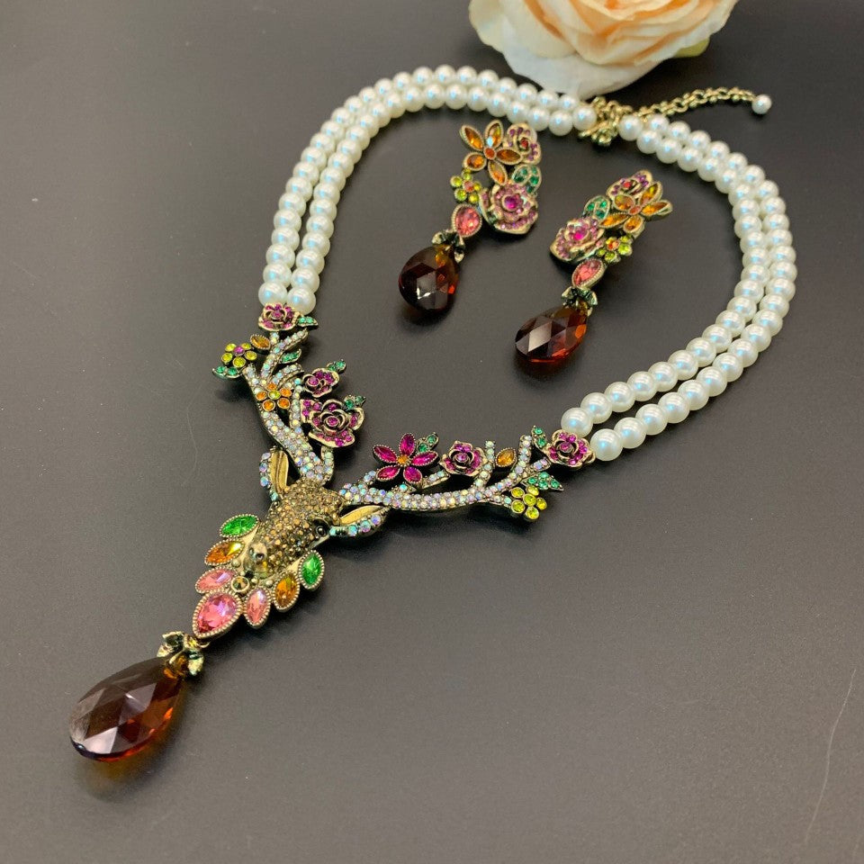 Deer Necklace Akoya Pearls Diamond Necklace Handmade Vintage Jewelry Set | Mix Mix Style [Hot Seller]-Mix MIx Style