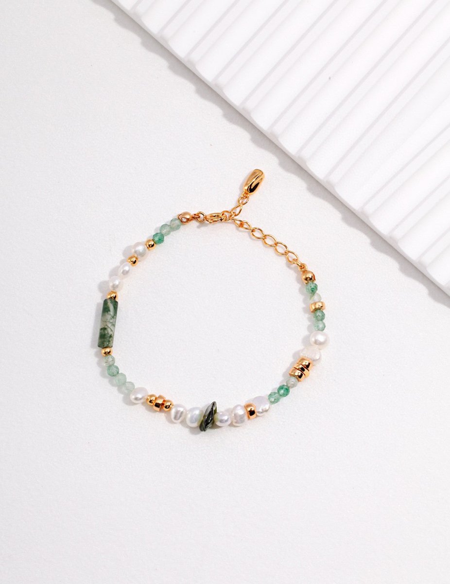 Freshwater Pearl Green Strawberry Quartz and Ocean Grass Agate Bracelet | Mix Mix Style [Hot Seller]-Mix MIx Style