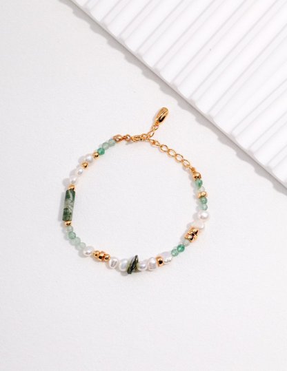 Freshwater Pearl Green Strawberry Quartz and Ocean Grass Agate Bracelet | Mix Mix Style [Hot Seller]-Mix MIx Style