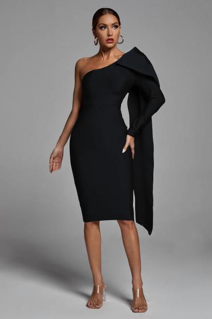 Black One Shoulder Bandage Midi Dress | Mix Mix Style [Hot Seller]-Mix MIx Style