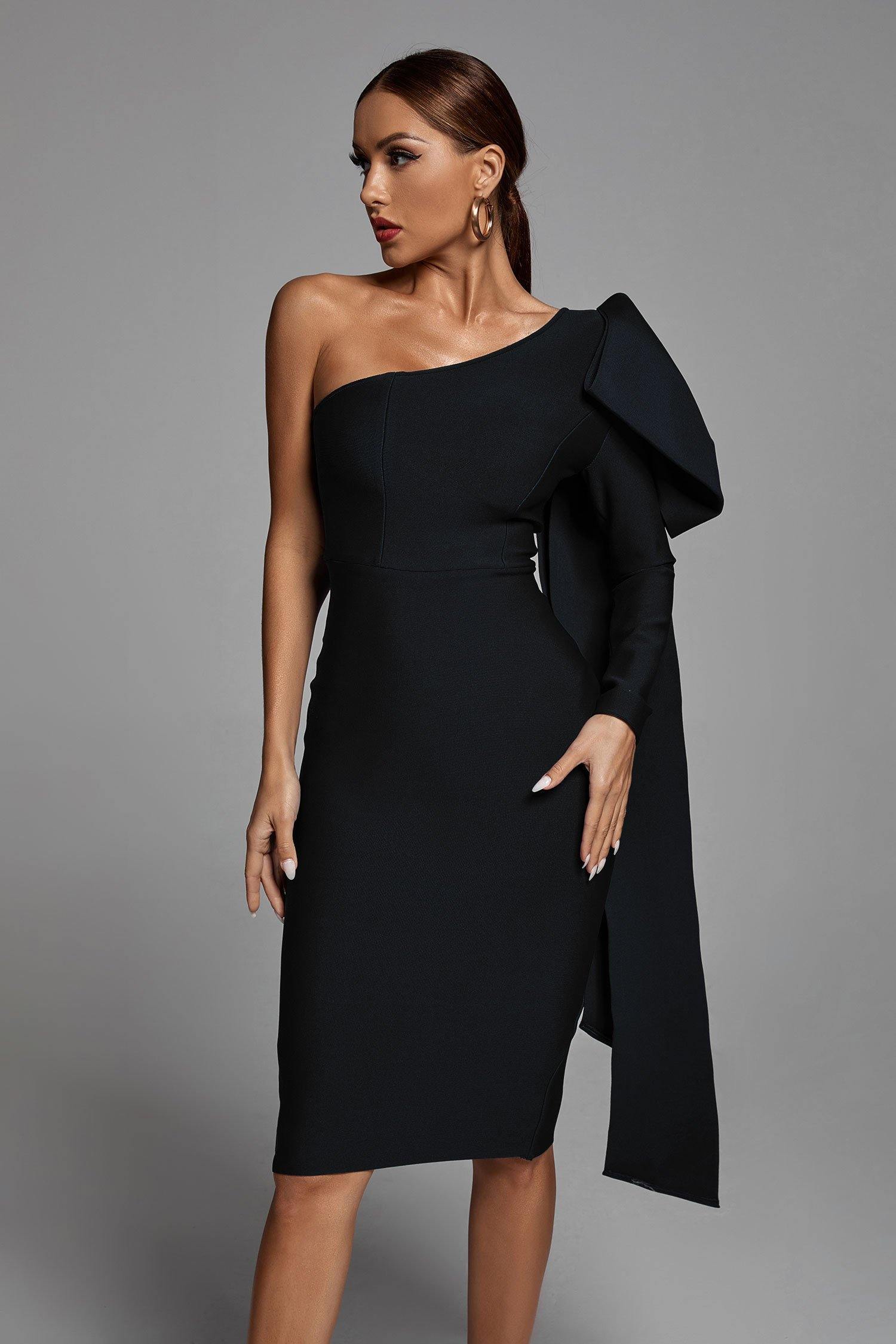 Black One Shoulder Bandage Midi Dress | Mix Mix Style [Hot Seller]-Mix MIx Style