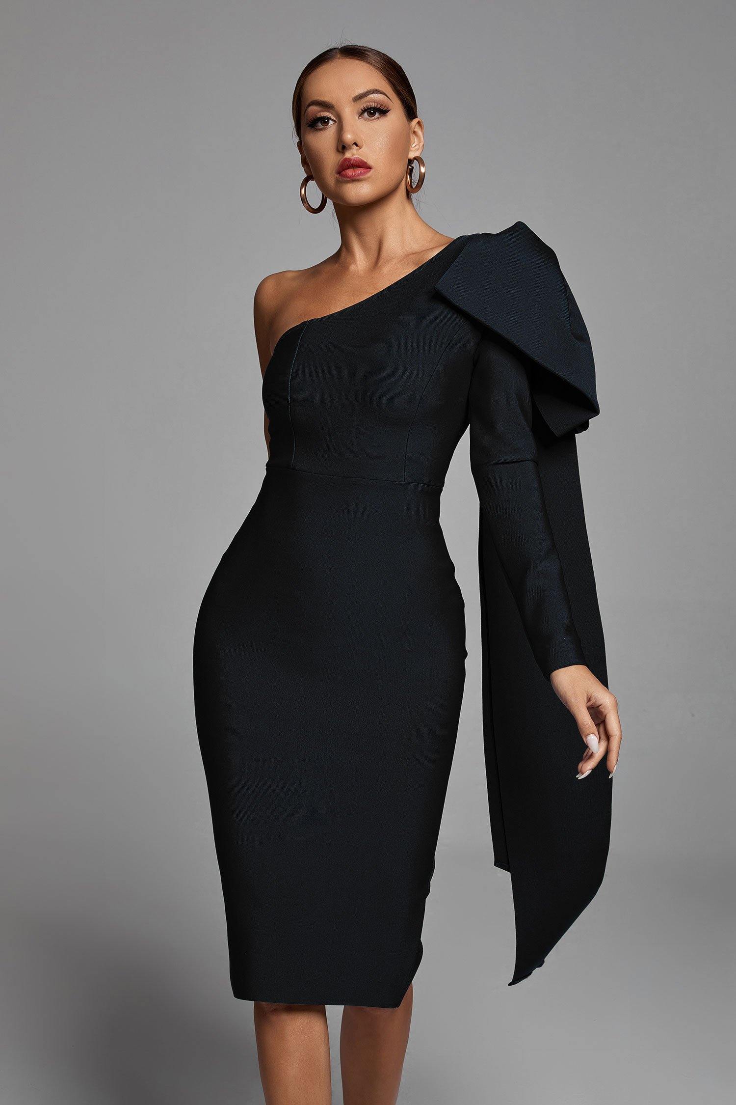 Black One Shoulder Bandage Midi Dress | Mix Mix Style [Hot Seller]-Mix MIx Style