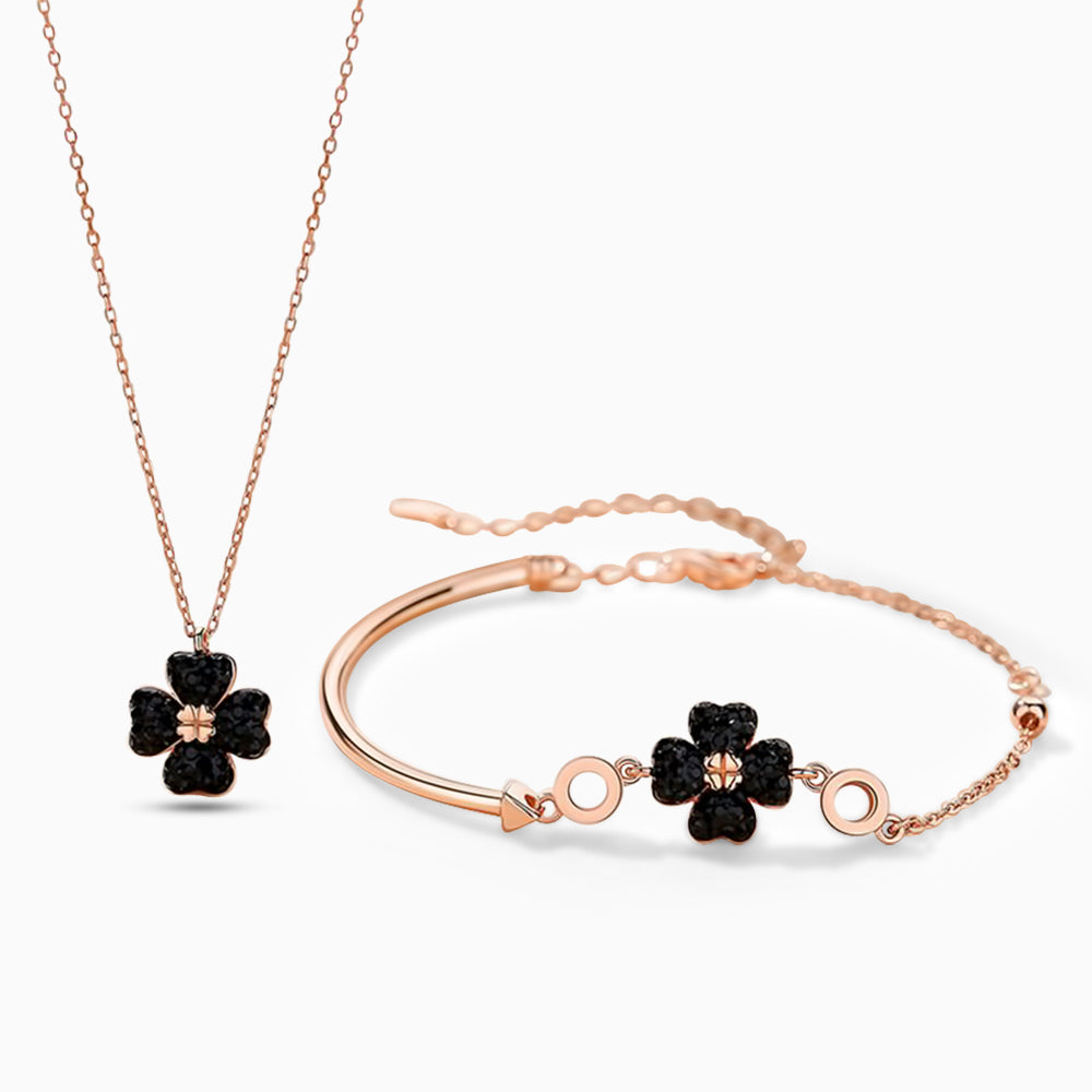 Modern Black Lucky Clover necklace & bracelet Set