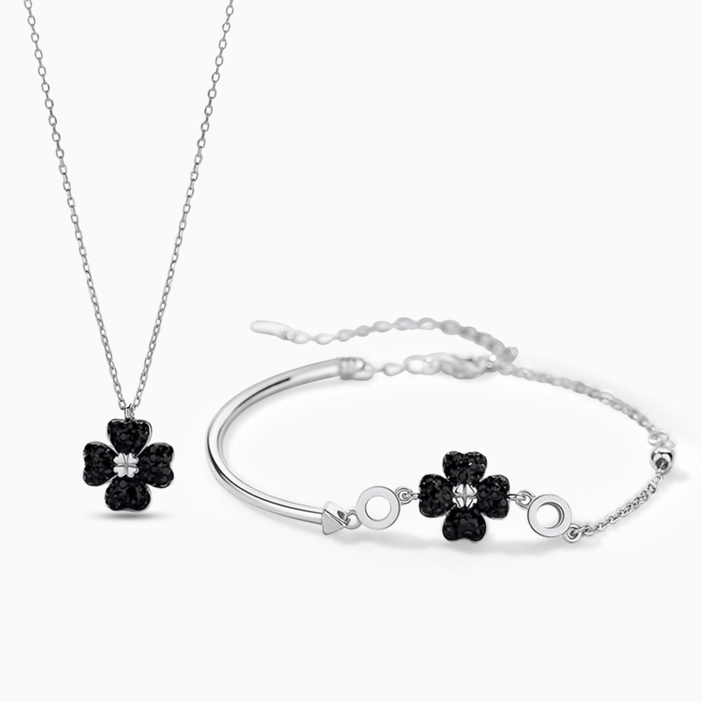Modern Black Lucky Clover necklace & bracelet Set