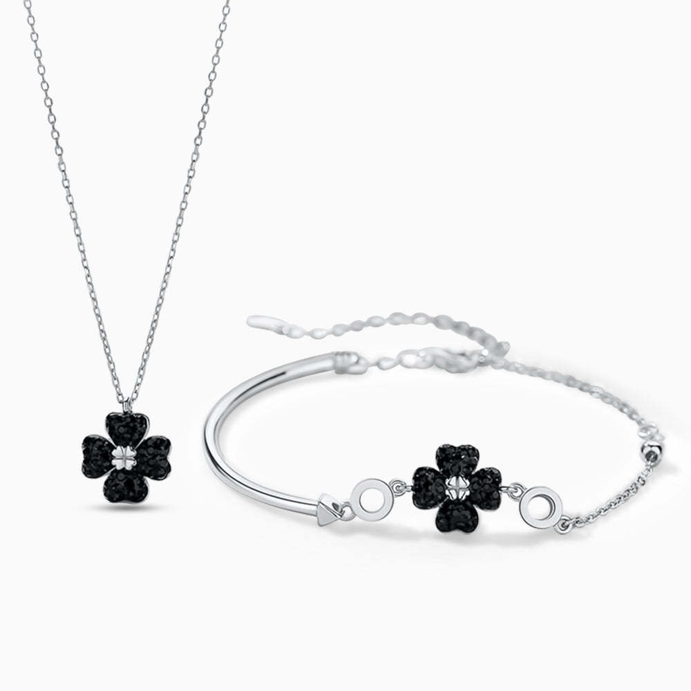 Modern Black Lucky Clover necklace & bracelet Set