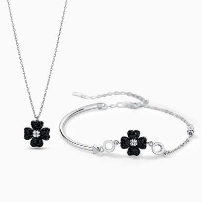 Modern Black Lucky Clover necklace & bracelet Set