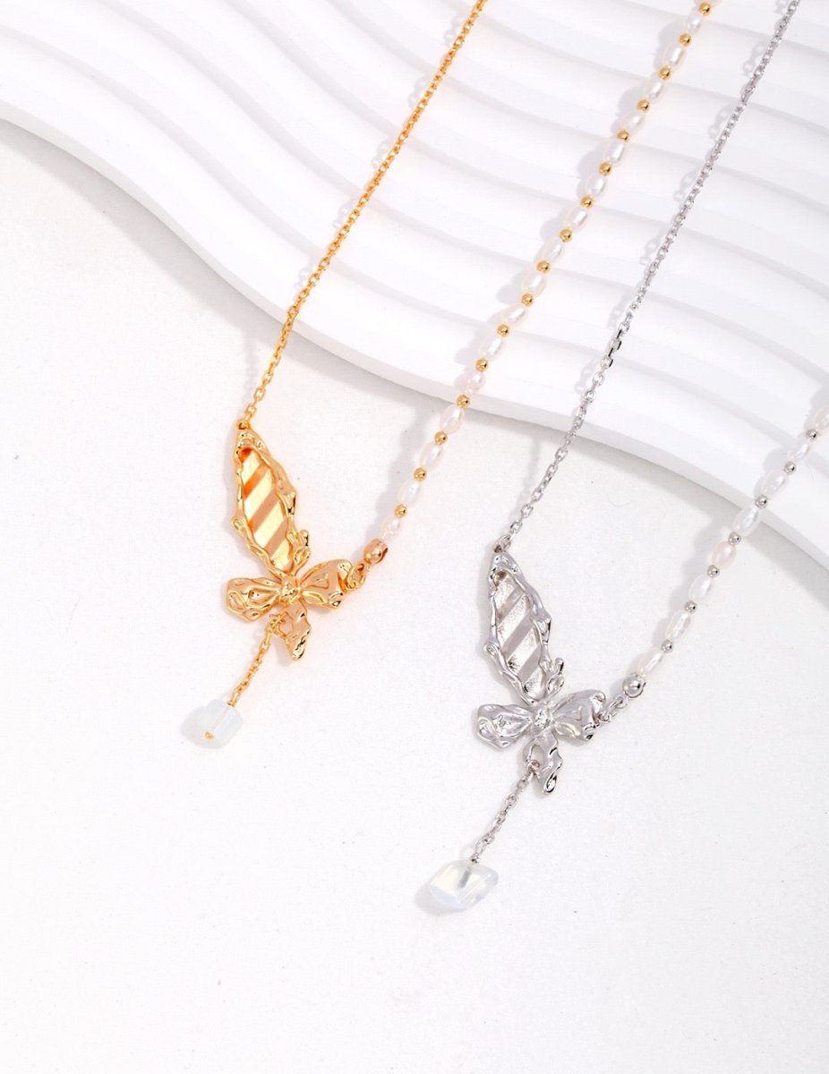 Butterfly Gemstone Pearl Sterling Silver Necklace | Mix Mix Style [Hot Seller]-Mix MIx Style