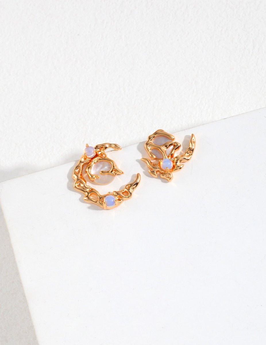 Moon Opal Gemstone with Mabe Pearls Sterling Silver Earrings | Mix Mix Style [Hot Seller]-Mix MIx Style