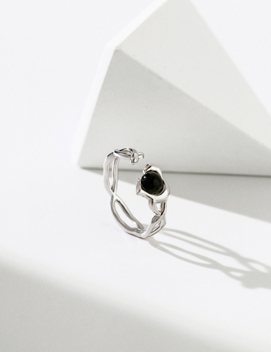 Black Natural Gemstone Sterling Silver Open Ring | Mix Mix Style [Hot Seller]-Mix MIx Style
