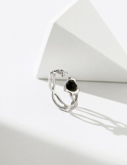 Black Natural Gemstone Sterling Silver Open Ring | Mix Mix Style [Hot Seller]-Mix MIx Style