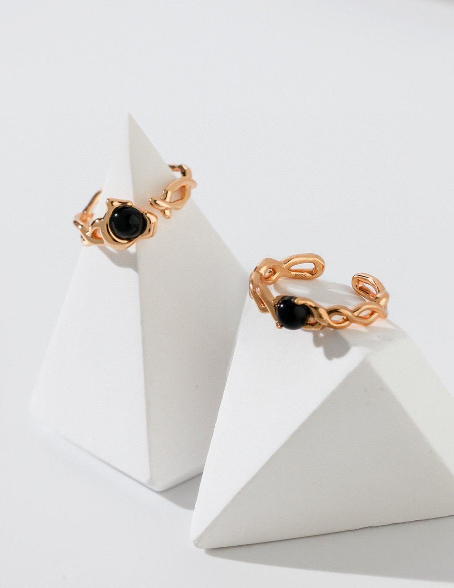 Black Natural Gemstone Sterling Silver Open Ring | Mix Mix Style [Hot Seller]-Mix MIx Style