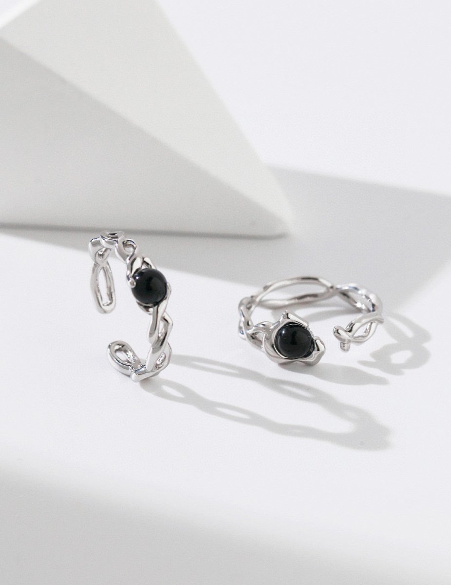 Black Natural Gemstone Sterling Silver Open Ring | Mix Mix Style [Hot Seller]-Mix MIx Style