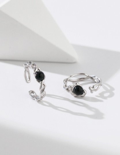 Black Natural Gemstone Sterling Silver Open Ring | Mix Mix Style [Hot Seller]-Mix MIx Style