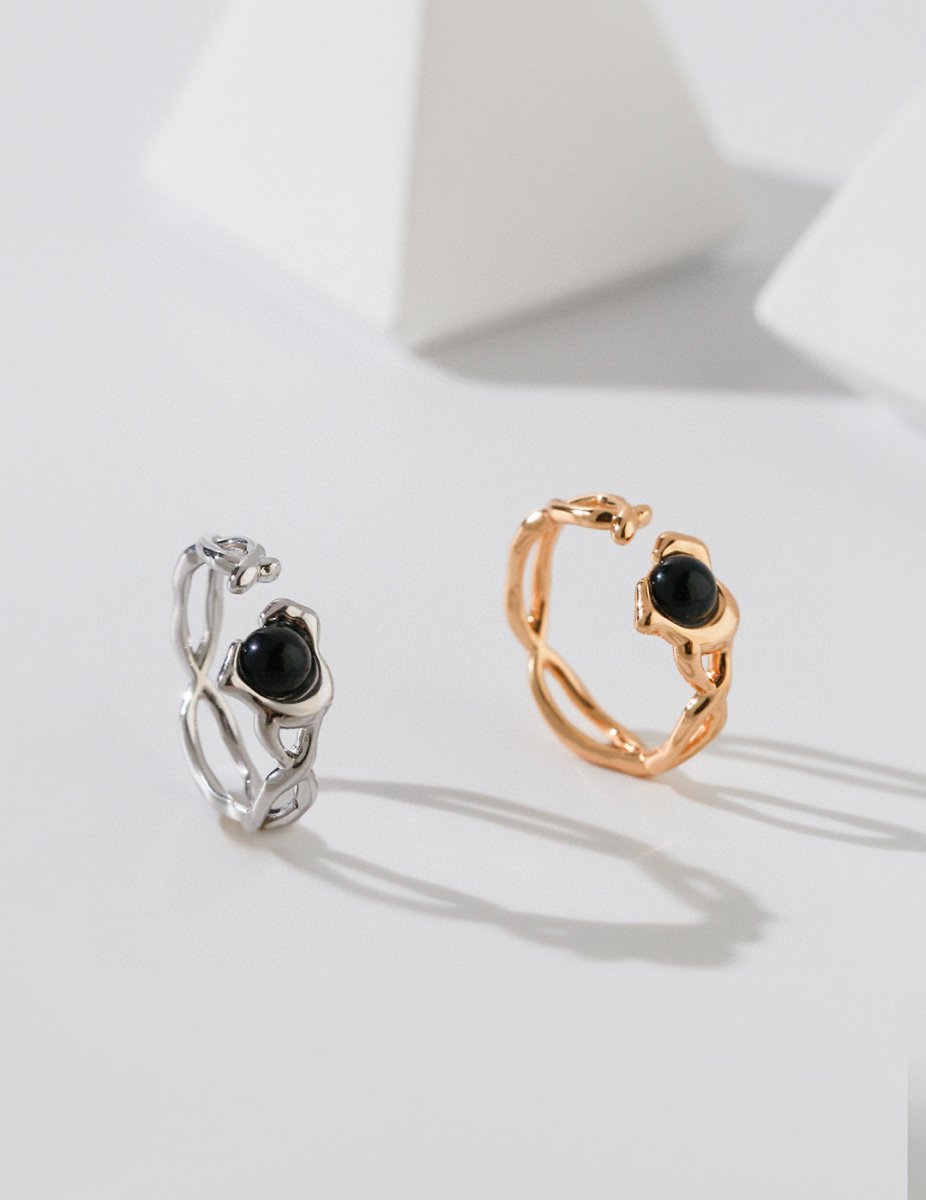 Black Natural Gemstone Sterling Silver Open Ring | Mix Mix Style [Hot Seller]-Mix MIx Style